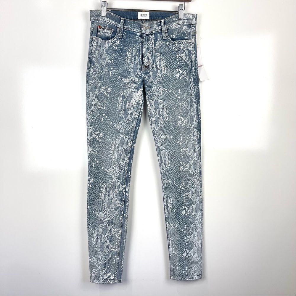 Hudson Nico Mid Rise Super Skinny Jeans Women’s 27 Blue Snake Print NWT Stretch
